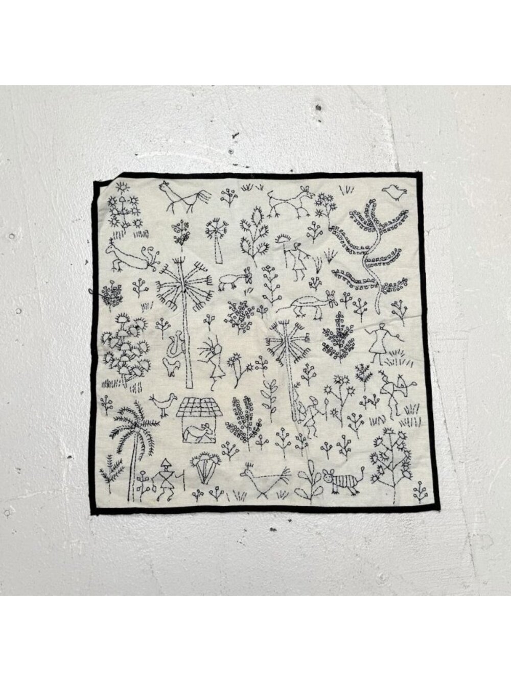 Hand Embroidered Square Pillow Cover Farmhouse People Animals Trees Floral Black